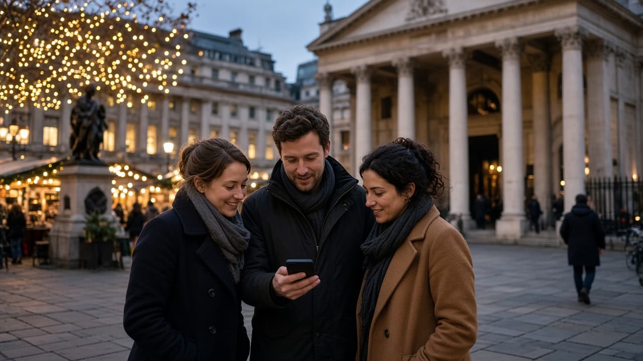 A small group in Covent Garden Piazza at dusk