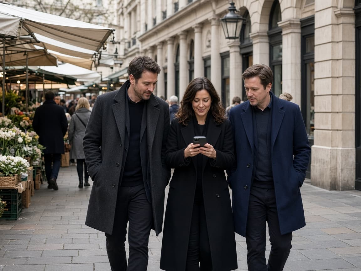 Three colleagues walking a Covent Garden street, looking at one phone