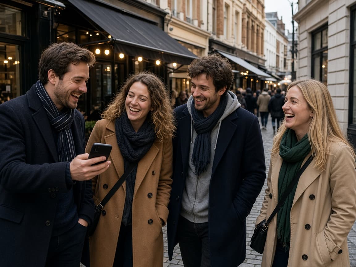 Four friends walking a Covent Garden street together