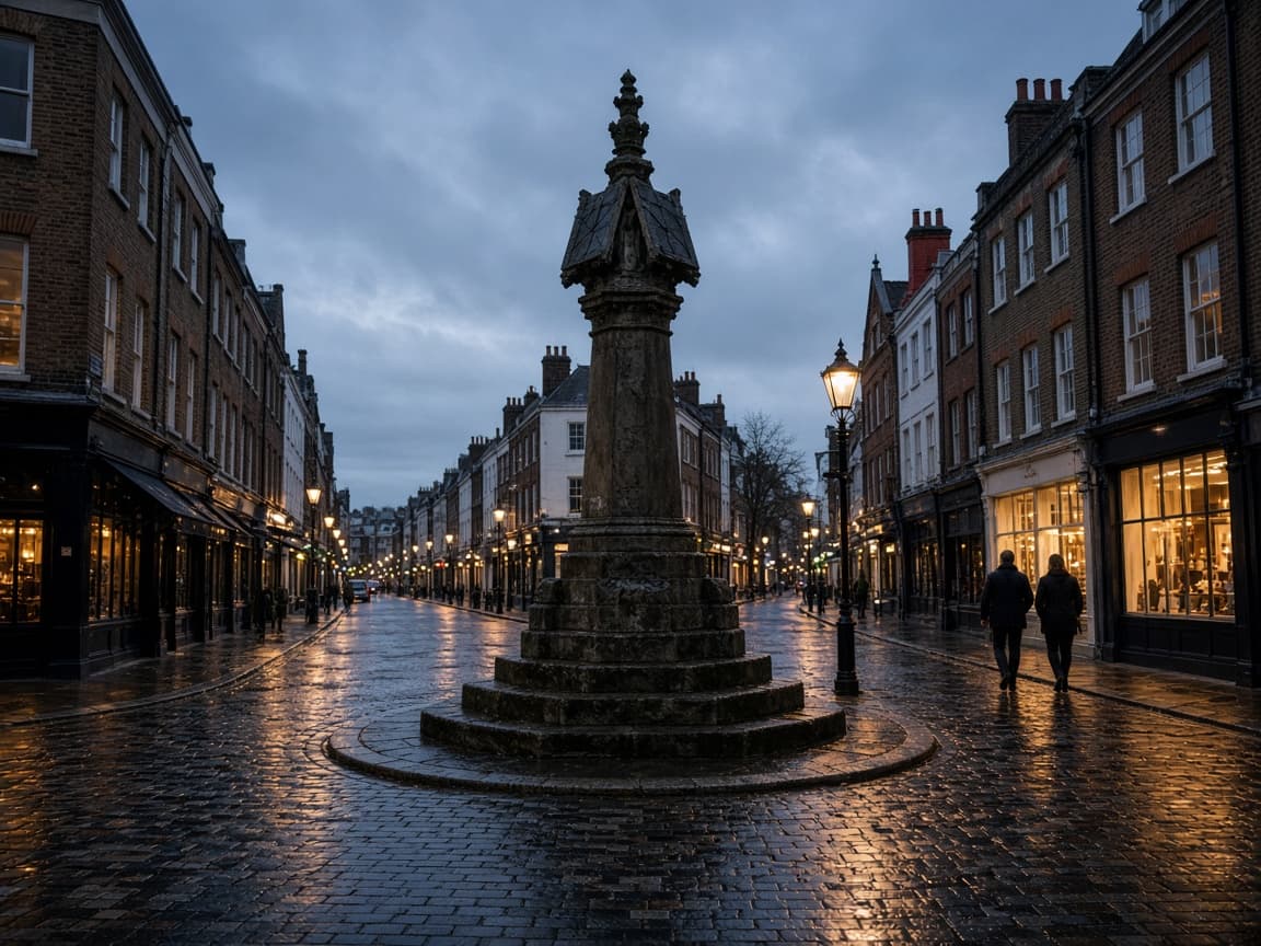 The Seven Dials monument at dusk